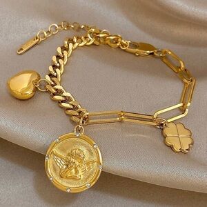 NWT 18K Gold Plated luxury Angel Coin & Love Four-Leaf Clover Charm Bracelet